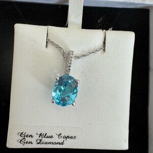 Gen Blue Topaz Gen Diamond Pendant Sterling Silver Necklace
